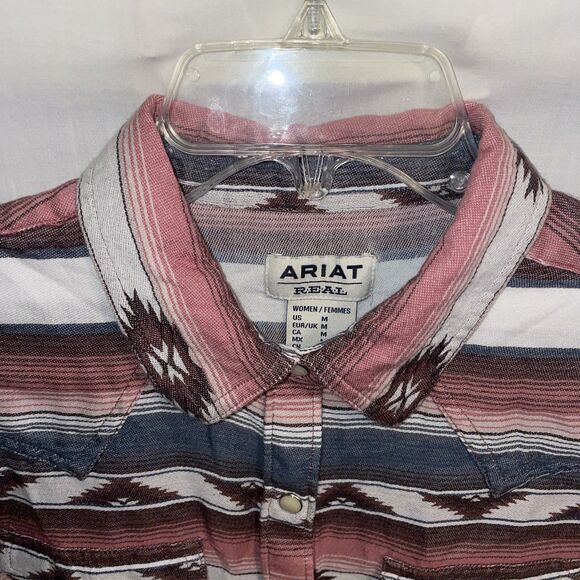 Ariat Real Women’s Western Shirt Size Medium Pink Brown White Pearl Snap Party - Picture 3 of 12